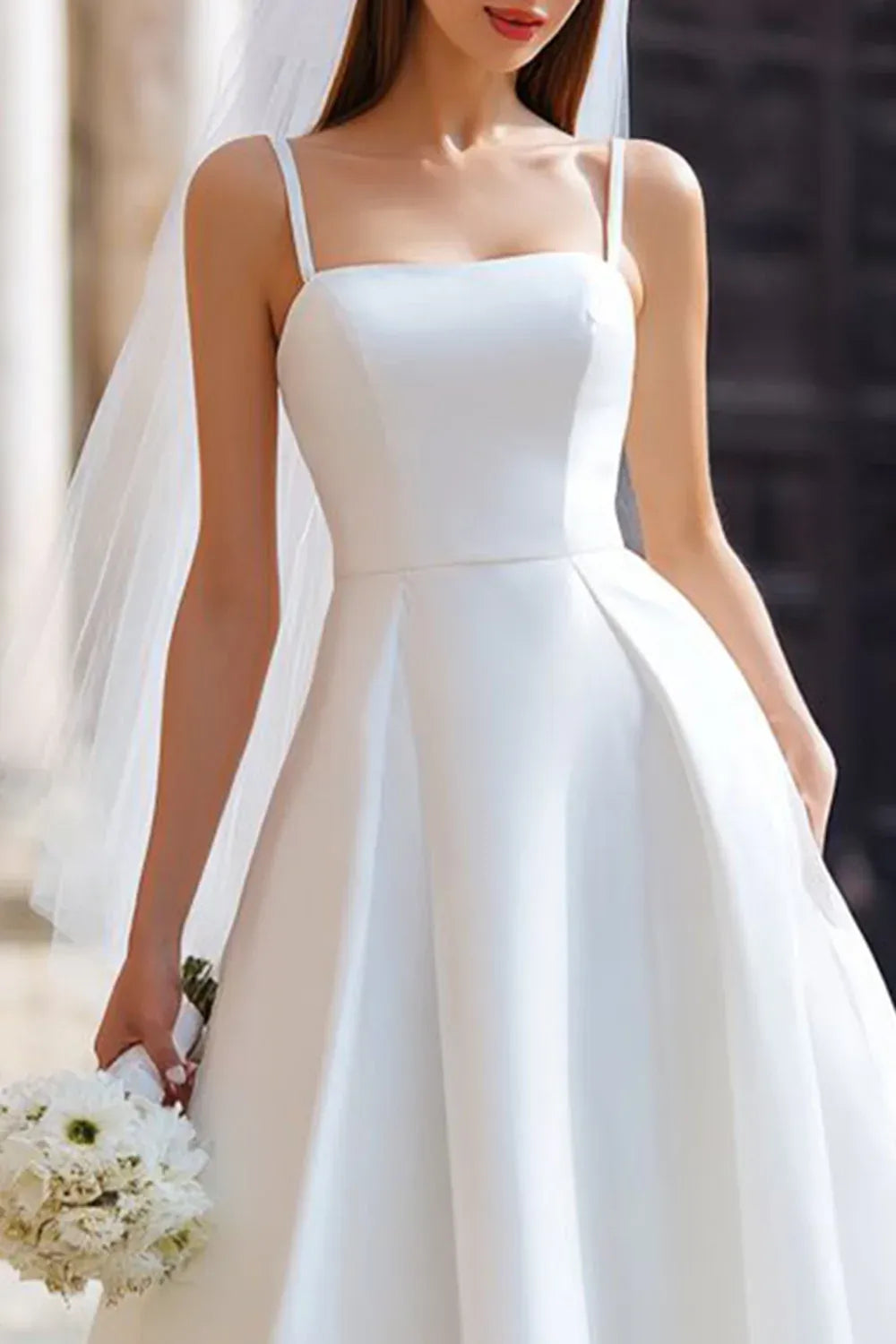 Square Neck Satin A-Line Tea-Length Wedding Dress