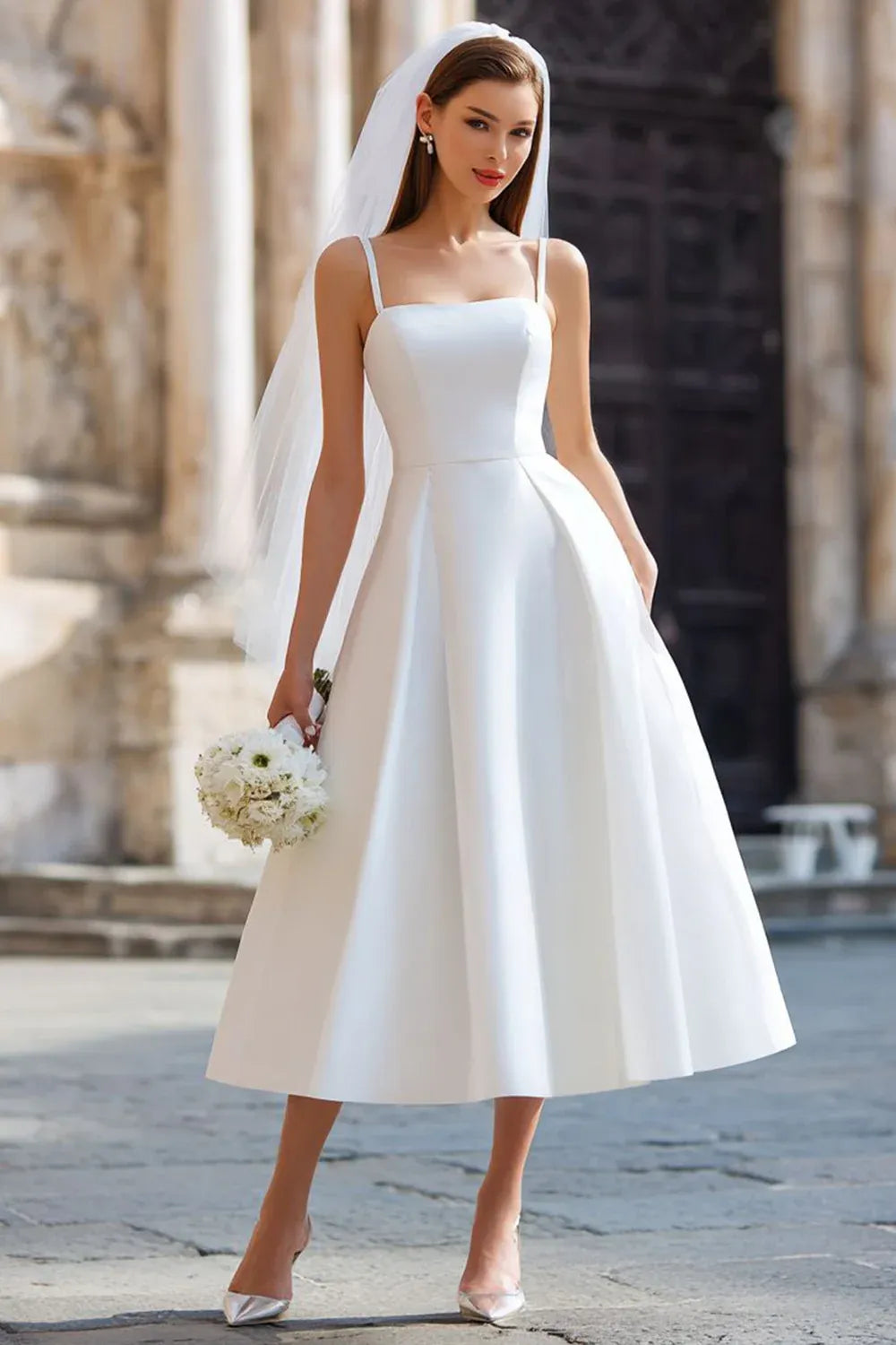 Square Neck Satin A-Line Tea-Length Wedding Dress