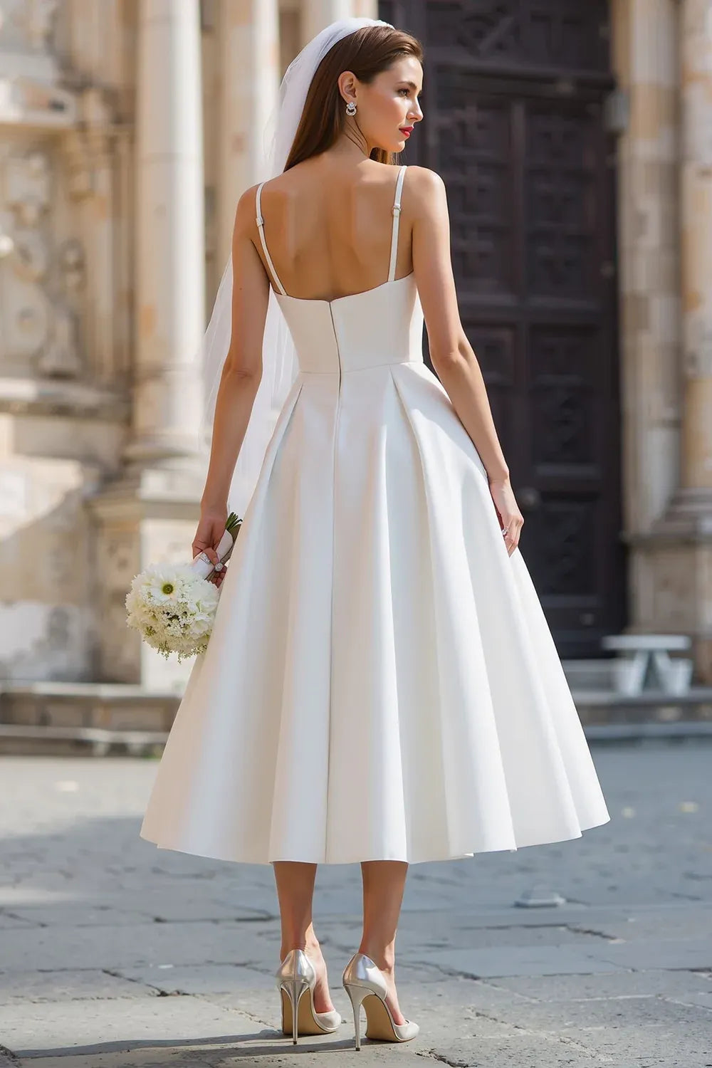 Square Neck Satin A-Line Tea-Length Wedding Dress