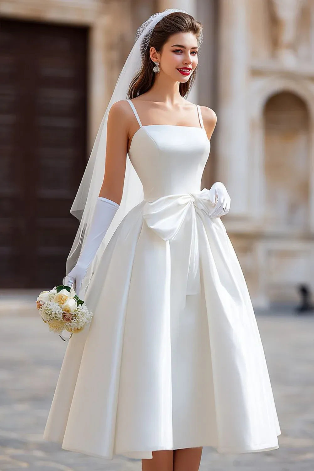 Square Neck Satin A-Line Tea-Length Wedding Dress