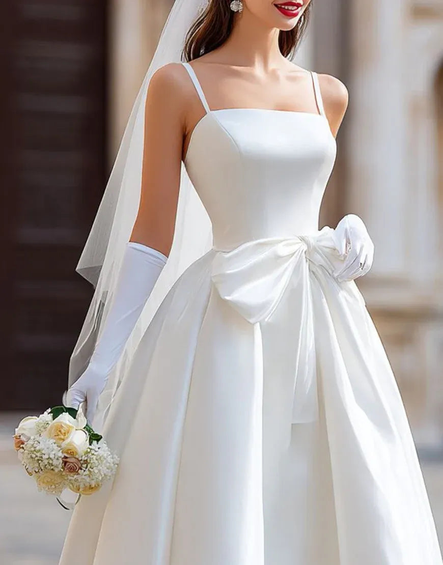 Square Neck Satin A-Line Tea-Length Wedding Dress