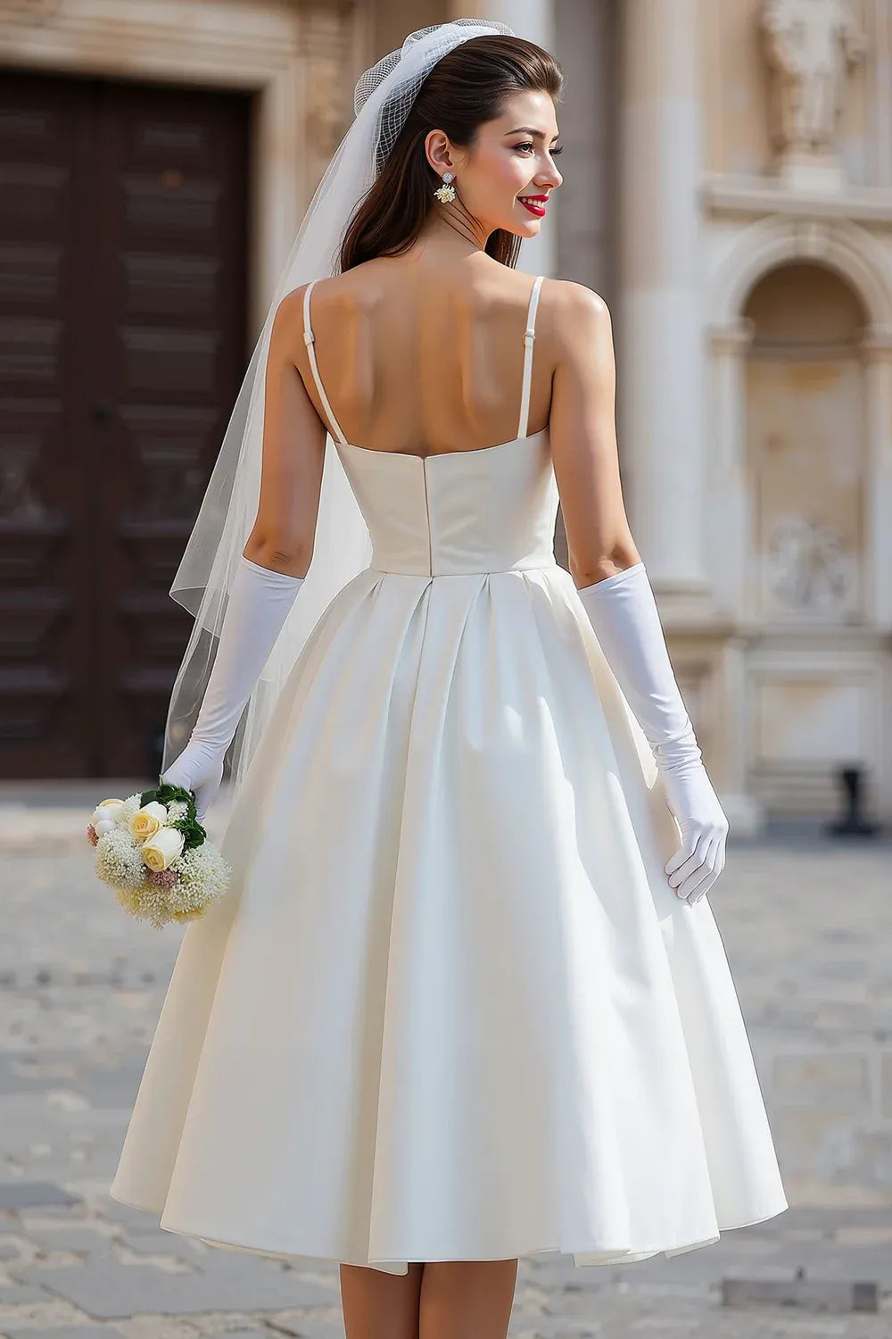 Square Neck Satin A-Line Tea-Length Wedding Dress