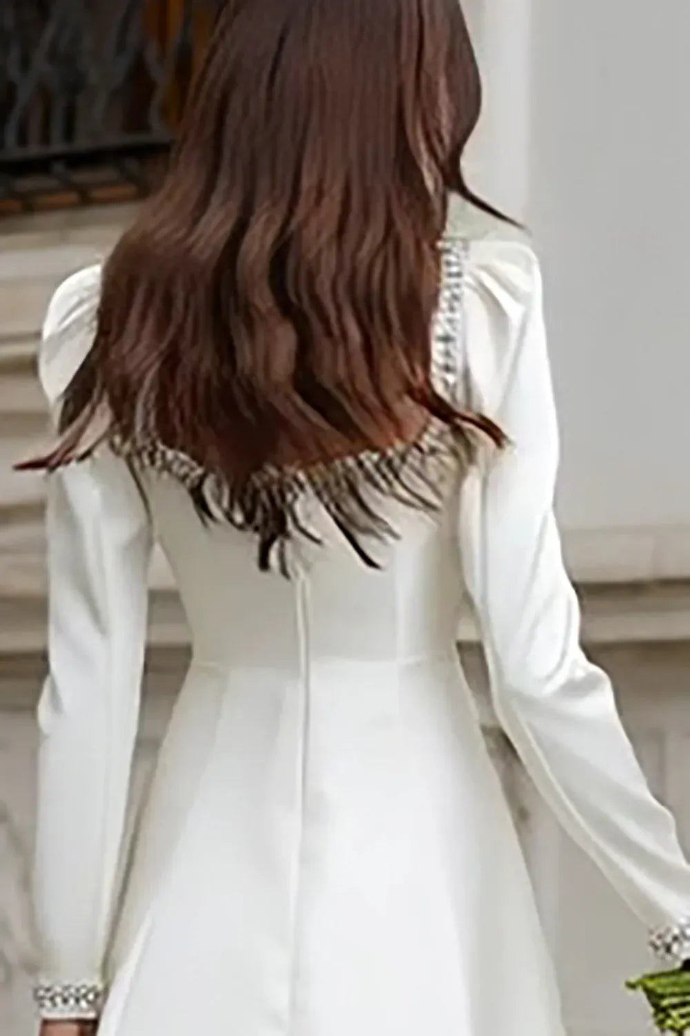 Square Neck Satin Short Wedding Dress with Long Sleeves and Crystal Trim - Modern Bridal Gown