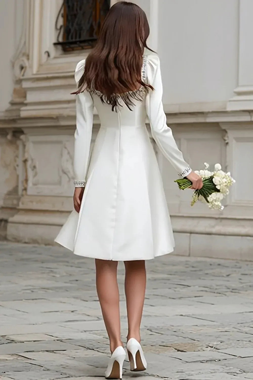 Square Neck Satin Short Wedding Dress with Long Sleeves and Crystal Trim - Modern Bridal Gown