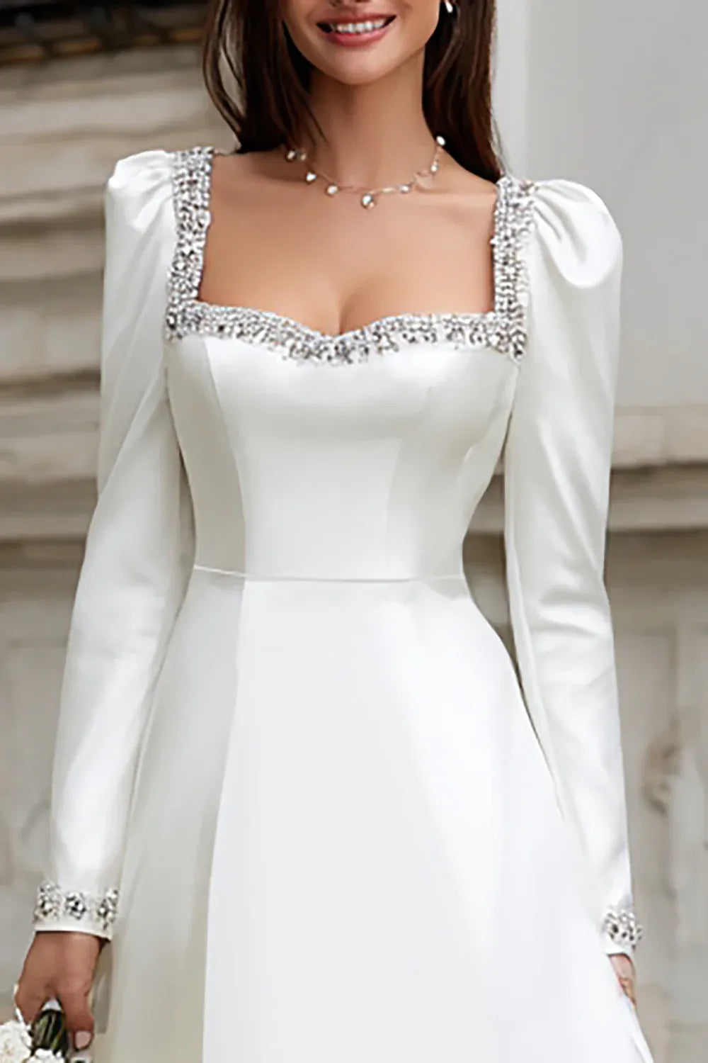 Square Neck Satin Short Wedding Dress with Long Sleeves and Crystal Trim - Modern Bridal Gown