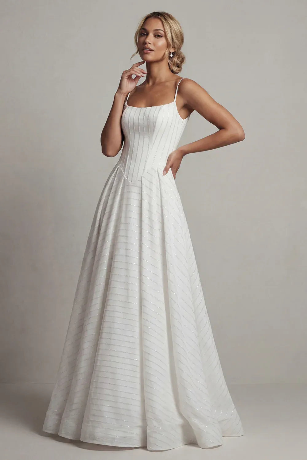 Square Neck Sequin Stripe Spaghetti Strap A-Line Wedding Dress