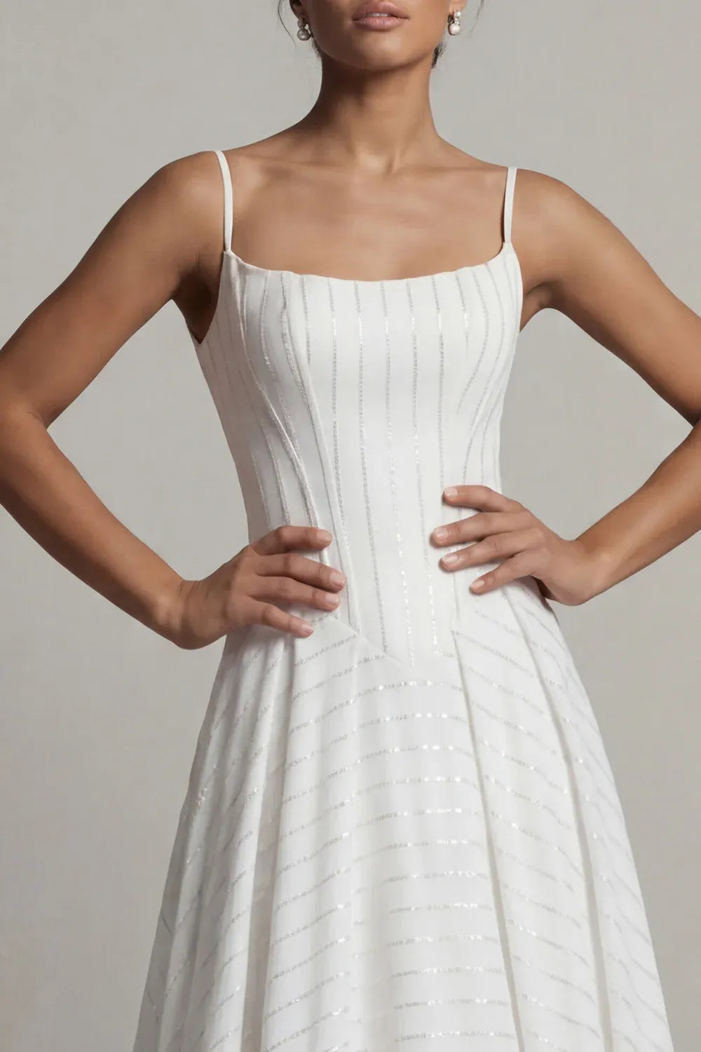 Square Neck Sequin Stripe Spaghetti Strap A-Line Wedding Dress