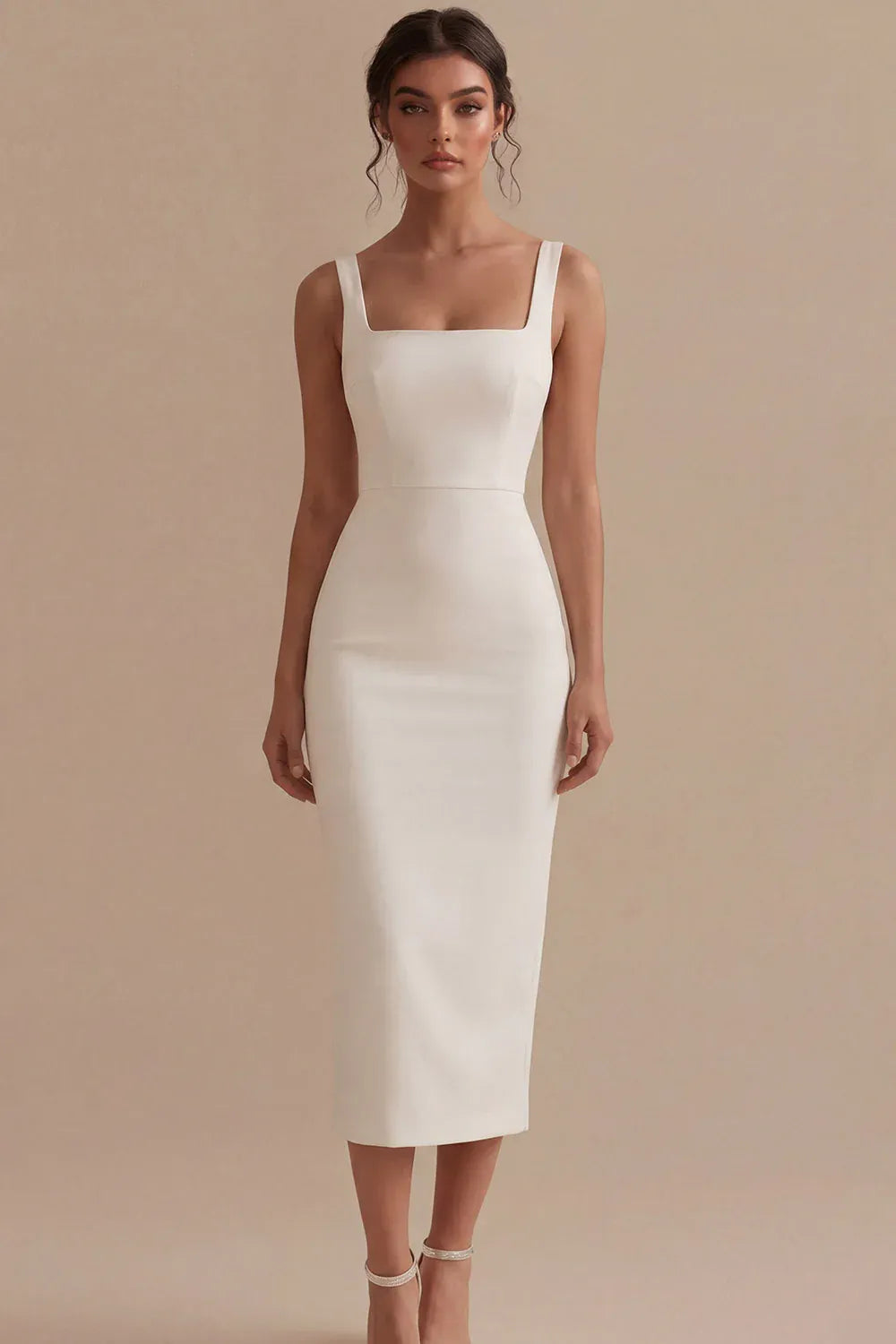 Square Neck Sleeveless Midi Sheath Wedding Dress