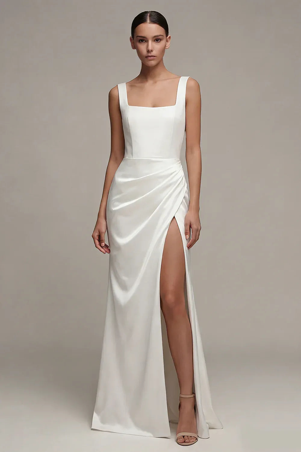 Gorgeous Square Neck Sleeveless Satin Gown with Side Slit