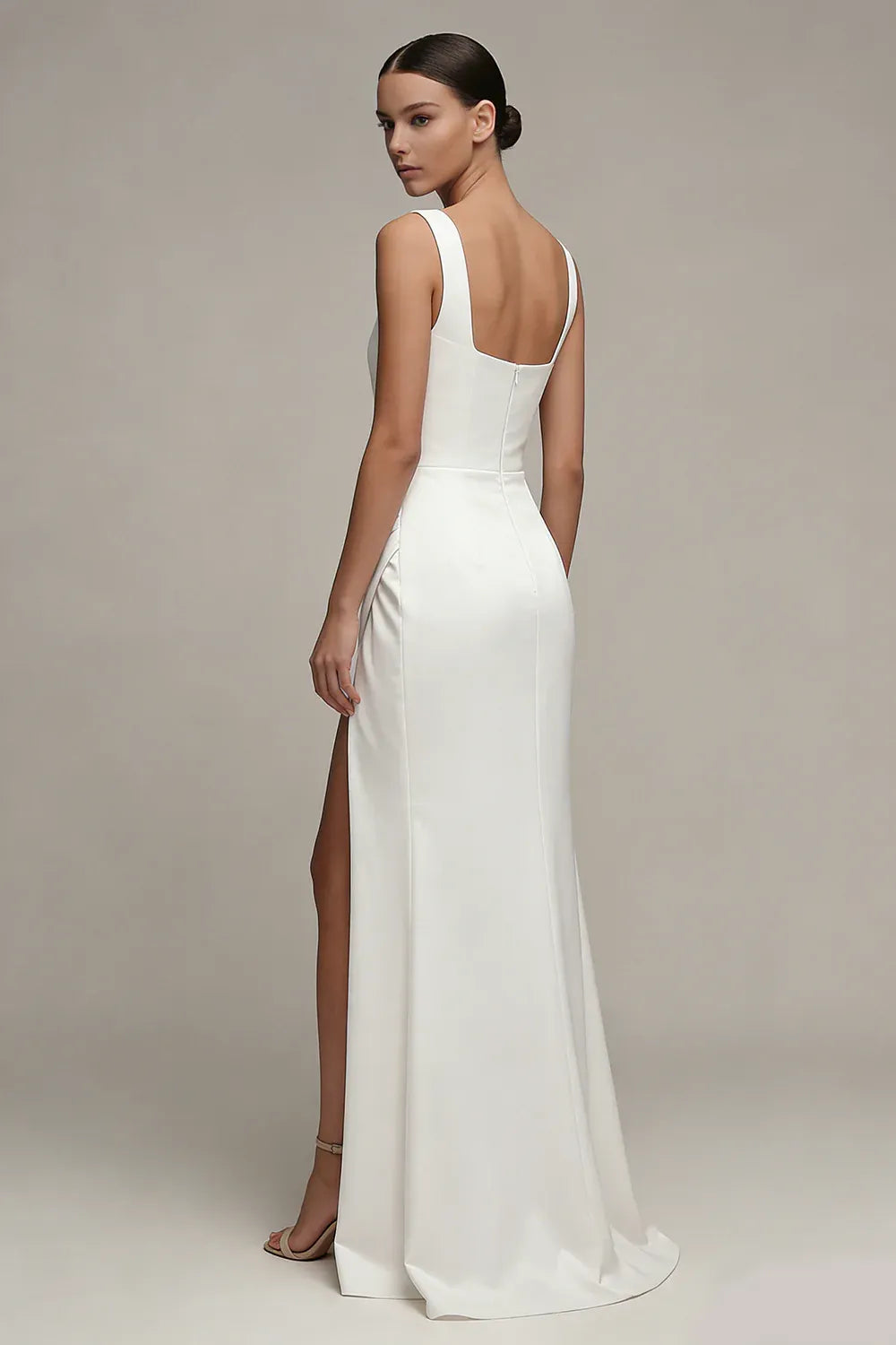 Gorgeous Square Neck Sleeveless Satin Gown with Side Slit