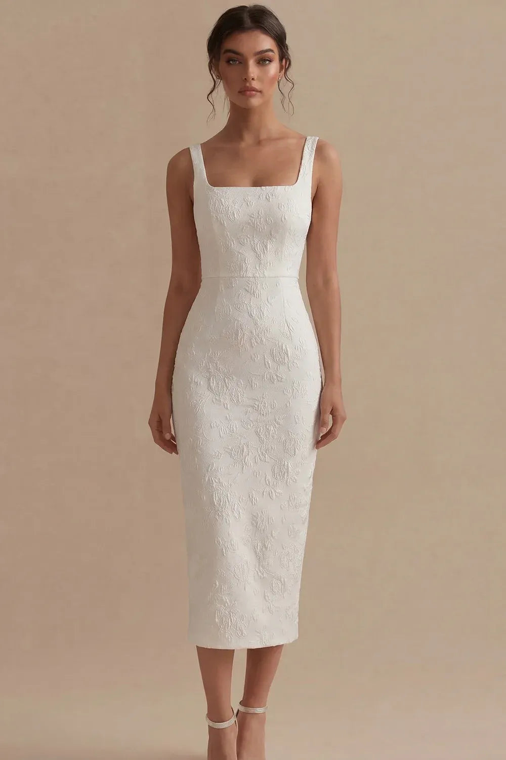 Square Neck Textured Floral Midi Wedding Dress - Modern Bridal & Reception Gown