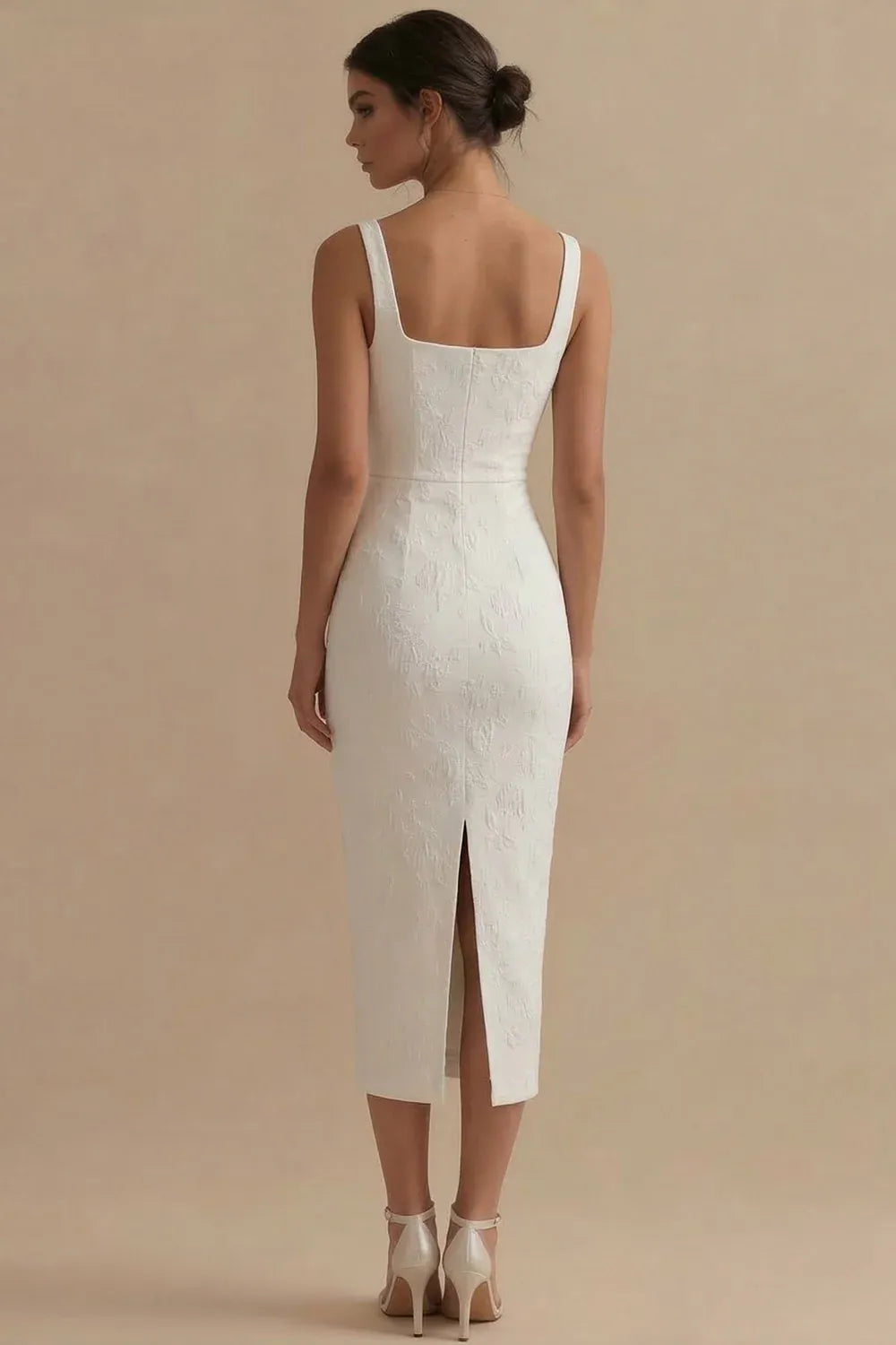Square Neck Textured Floral Midi Wedding Dress - Modern Bridal & Reception Gown