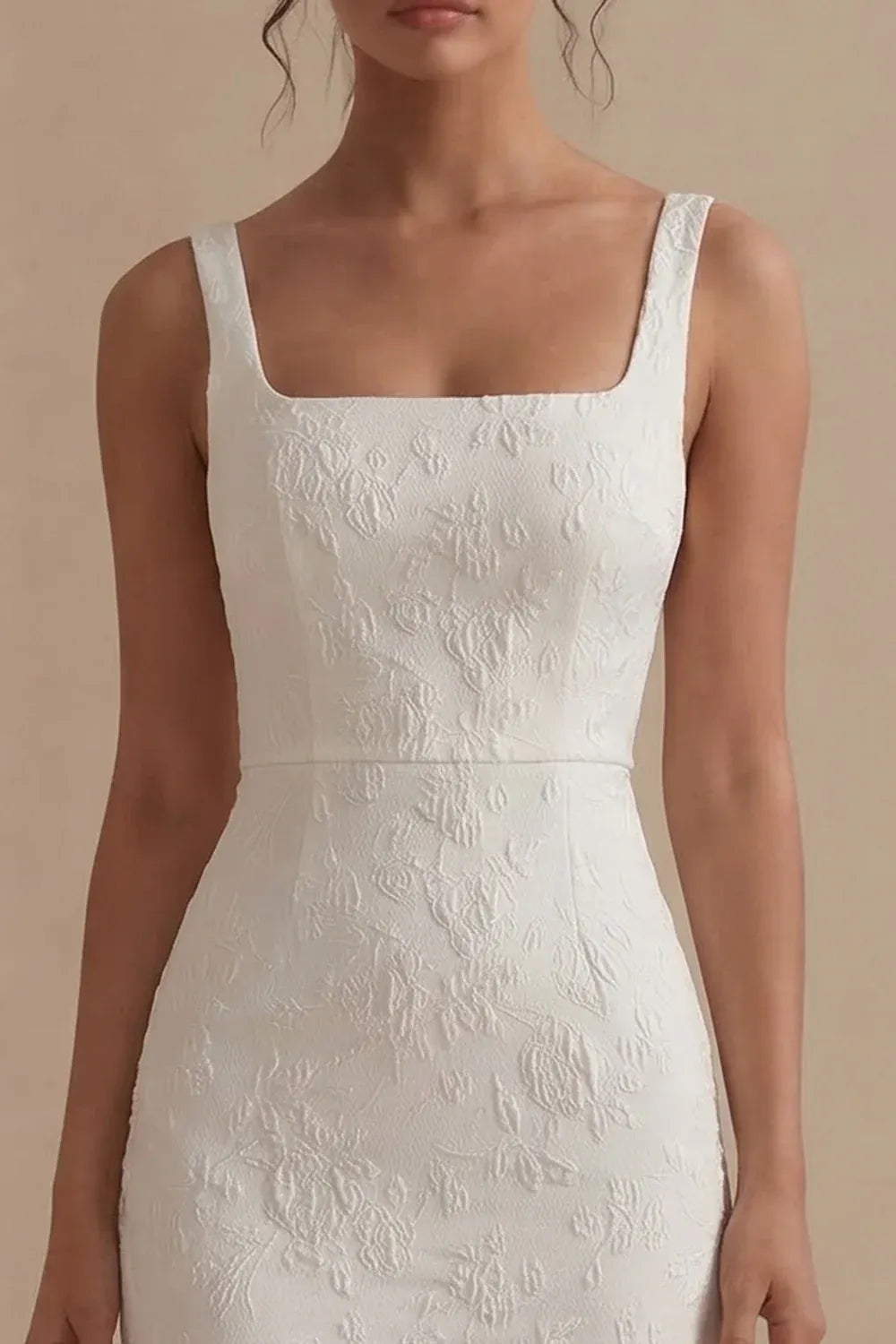Square Neck Textured Floral Midi Wedding Dress - Modern Bridal & Reception Gown