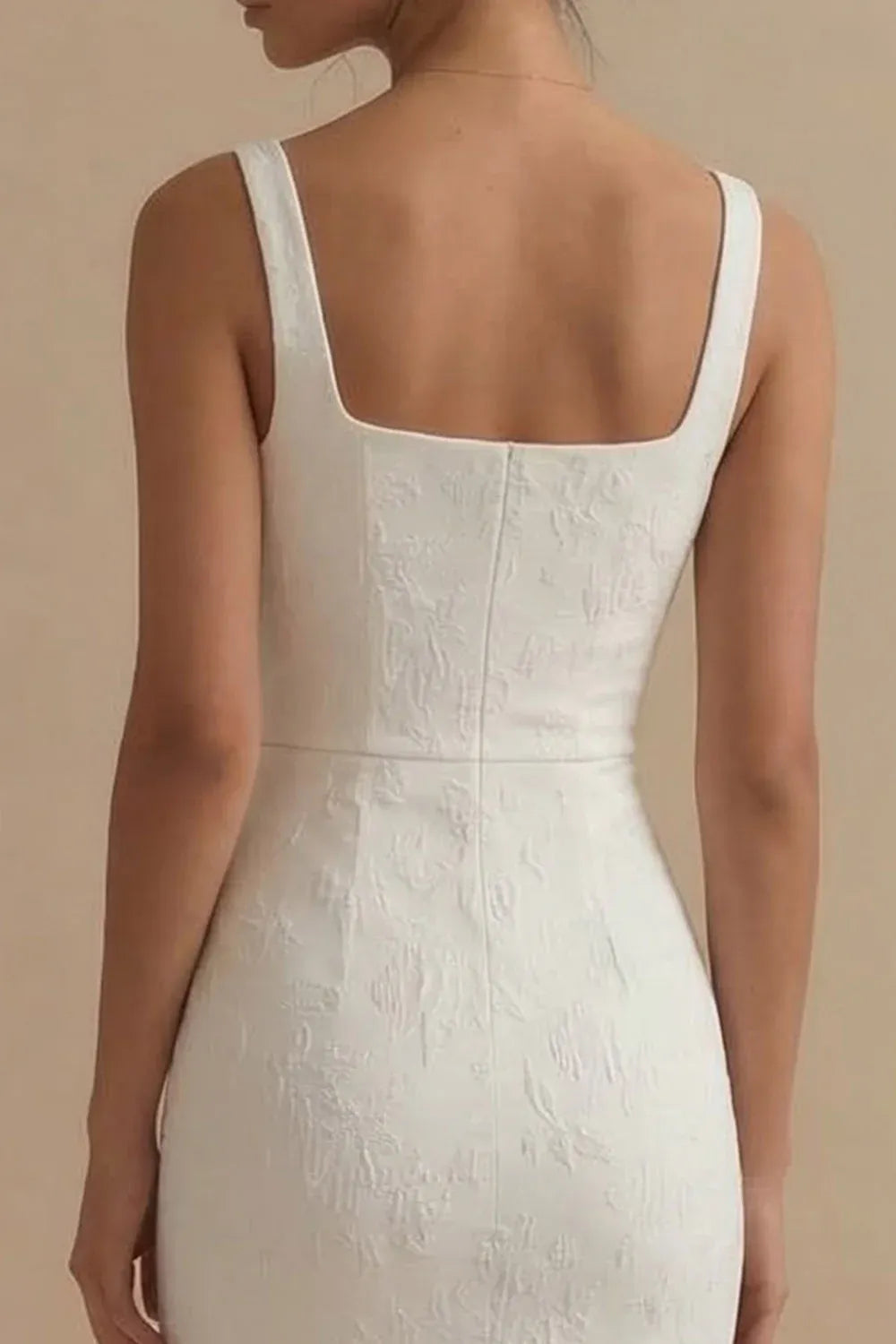 Square Neck Textured Floral Midi Wedding Dress - Modern Bridal & Reception Gown