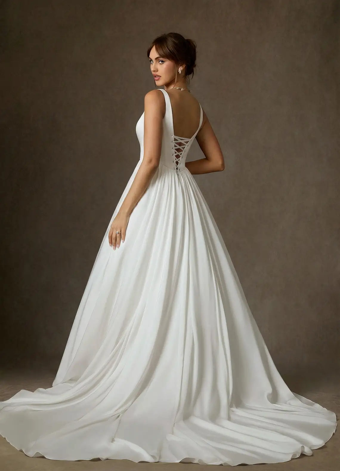 Square neckline with subtle beading Square Neck Corset Chiffon Ball Gown Wedding Dress with Bow Back
