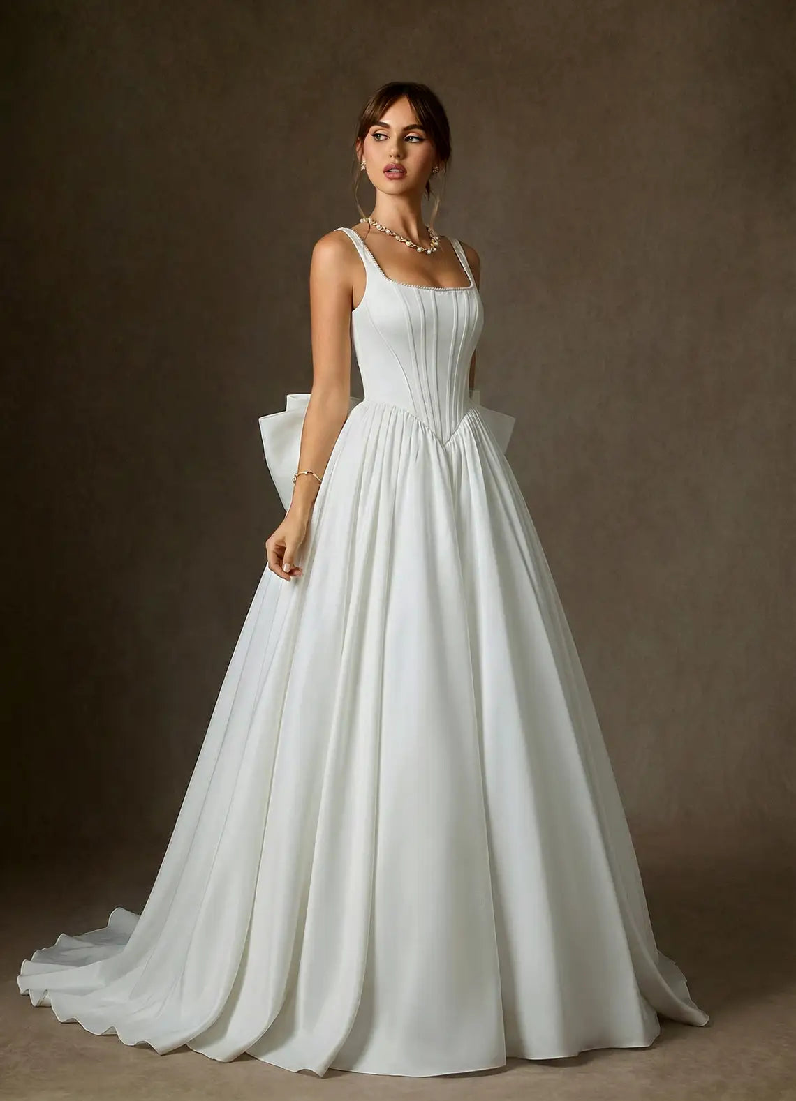 Square neckline with subtle beading Square Neck Corset Chiffon Ball Gown Wedding Dress with Bow Back