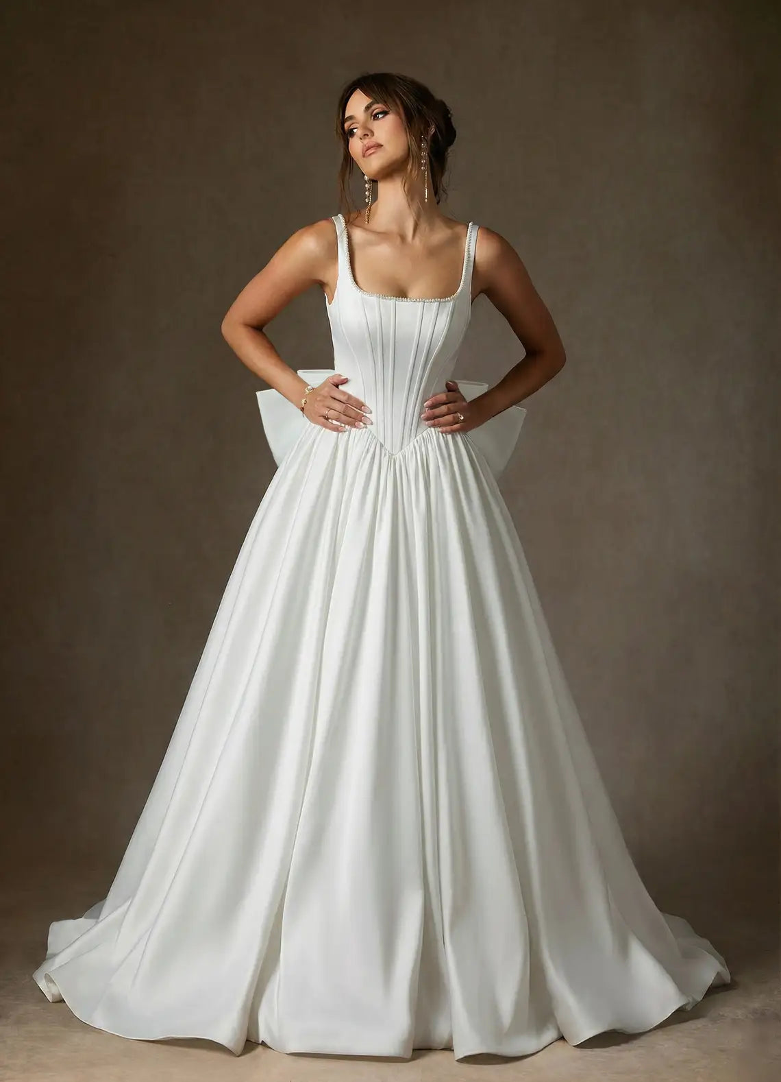 Square neckline with subtle beading Square Neck Corset Chiffon Ball Gown Wedding Dress with Bow Back