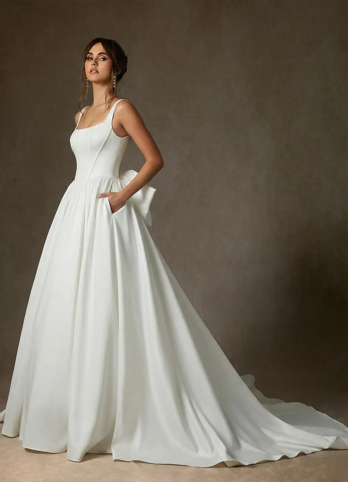 Square neckline with subtle beading Square Neck Corset Chiffon Ball Gown Wedding Dress with Bow Back