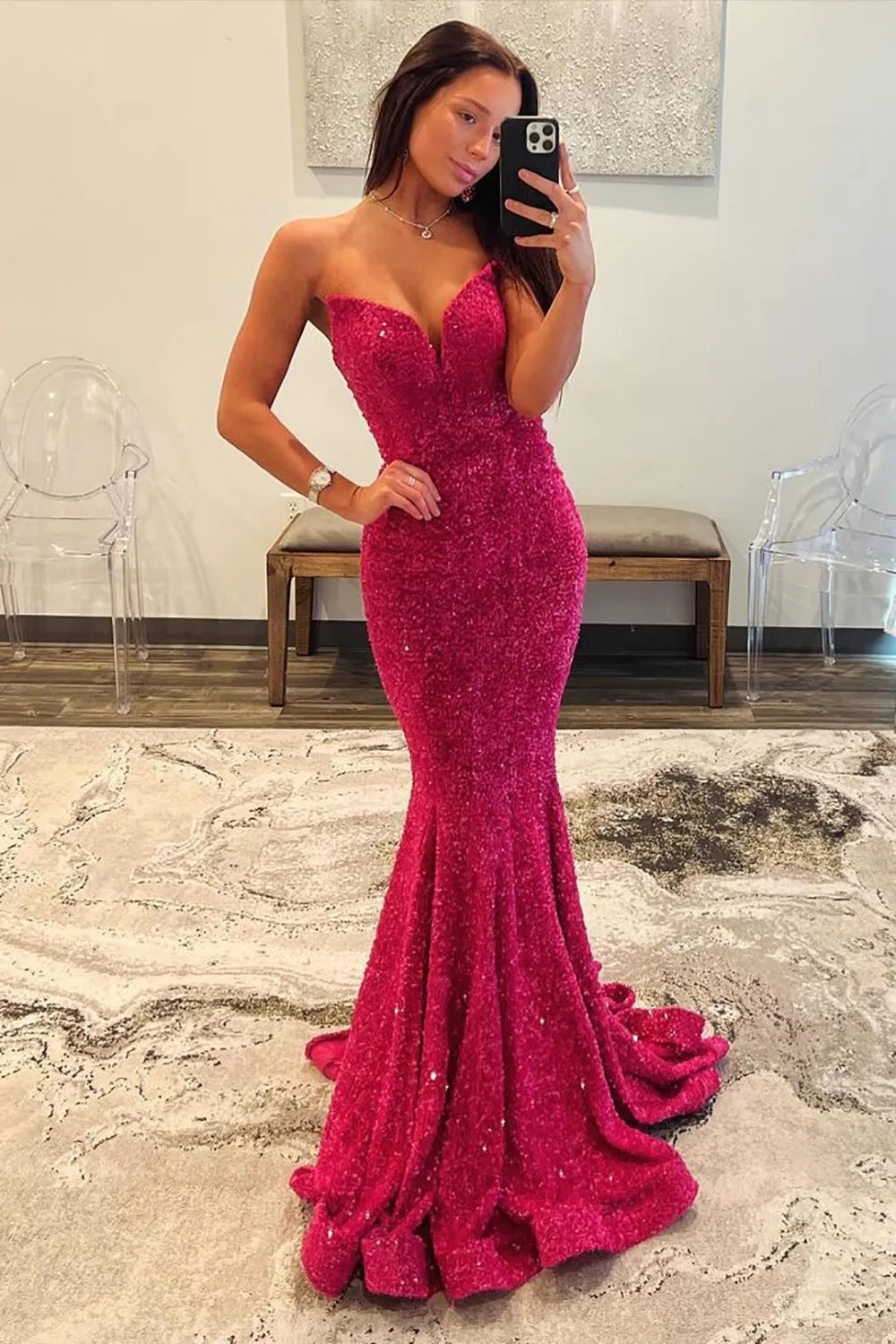 Fuchsia Mermaid Strapless Long Sequin Prom Dress