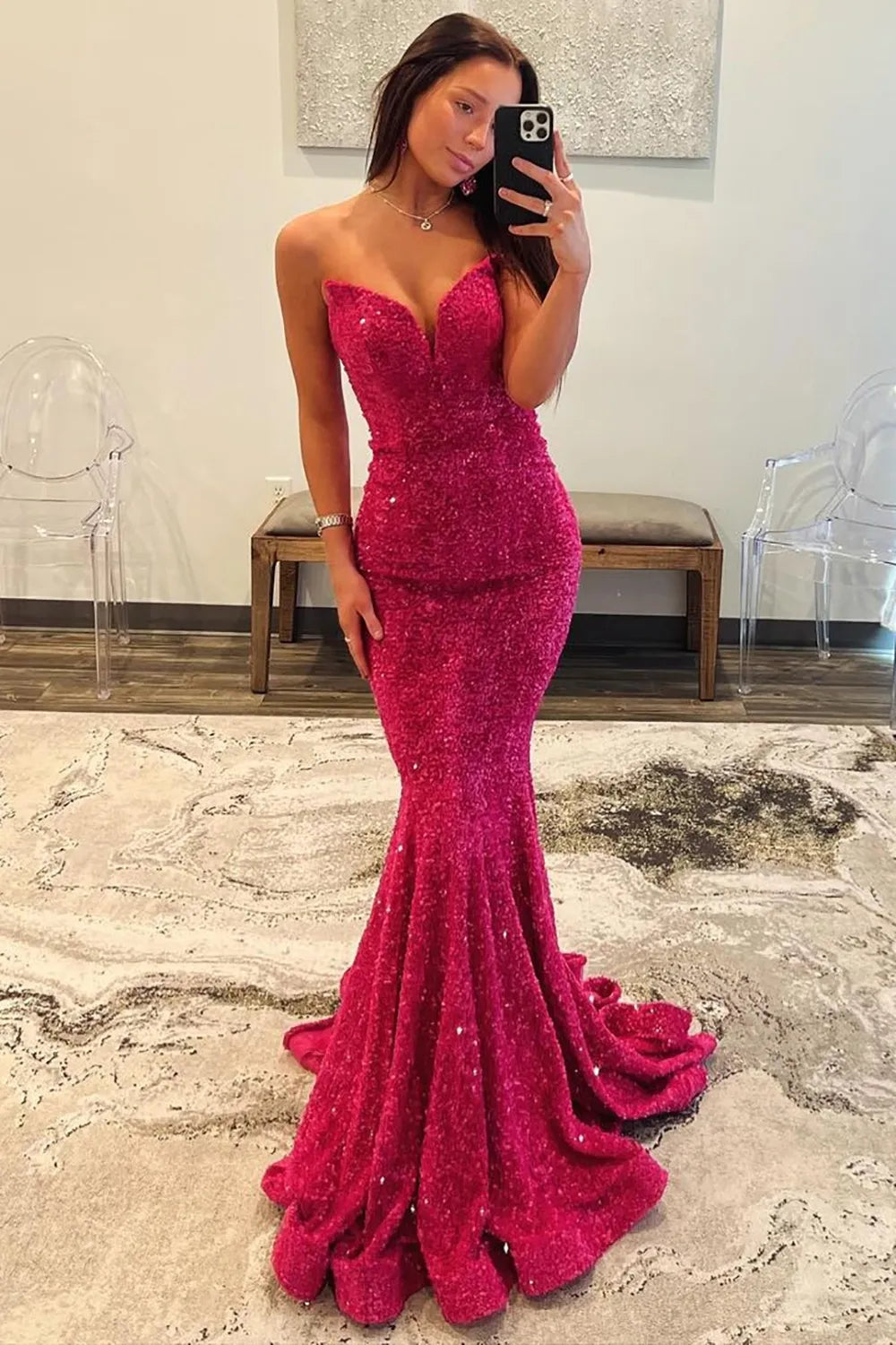 Fuchsia Mermaid Strapless Long Sequin Prom Dress