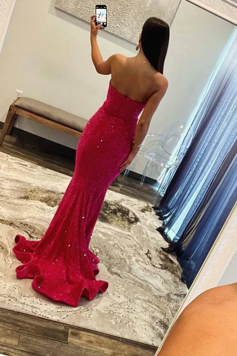 Fuchsia Mermaid Strapless Long Sequin Prom Dress