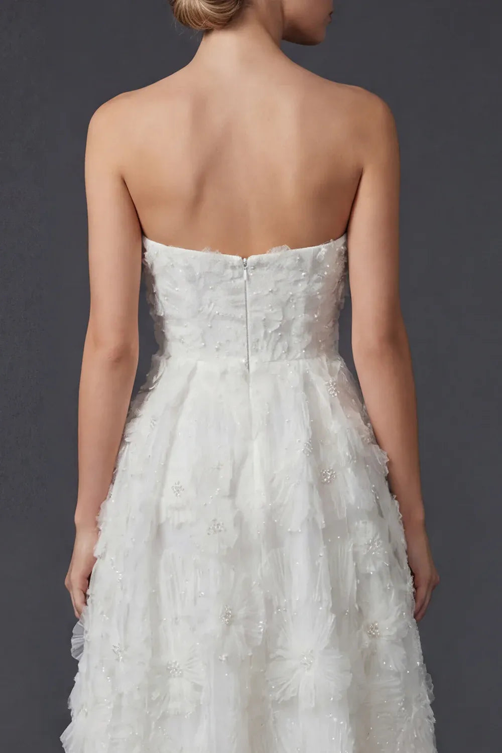 Strapless 3D Floral Beaded Tulle Midi Wedding Dress