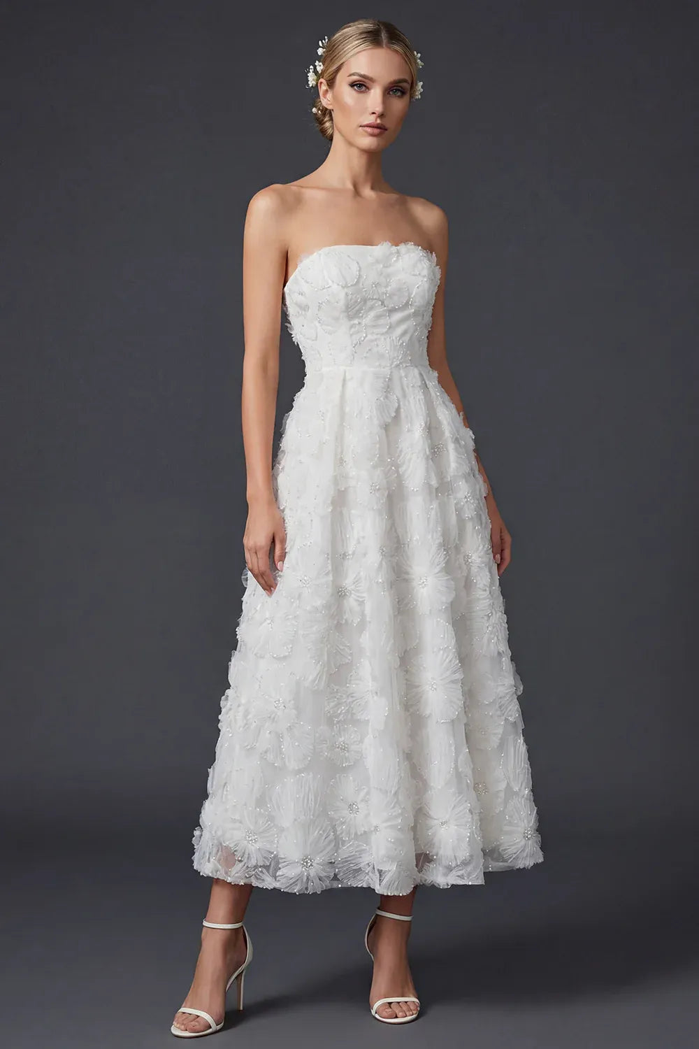 Strapless 3D Floral Beaded Tulle Midi Wedding Dress