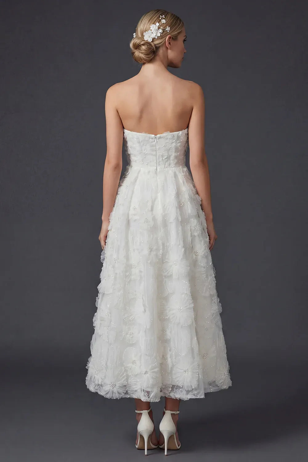 Strapless 3D Floral Beaded Tulle Midi Wedding Dress