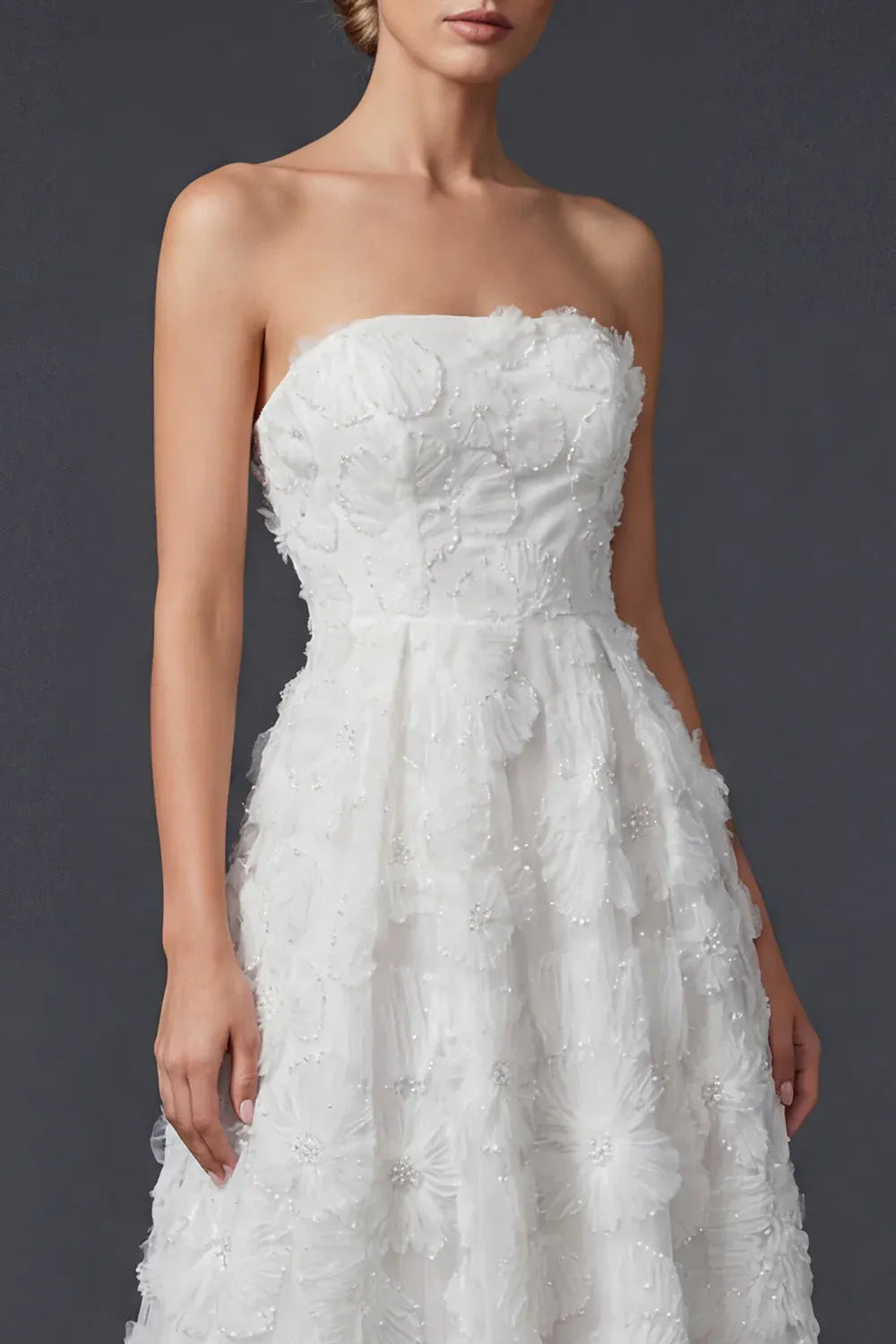 Strapless 3D Floral Beaded Tulle Midi Wedding Dress