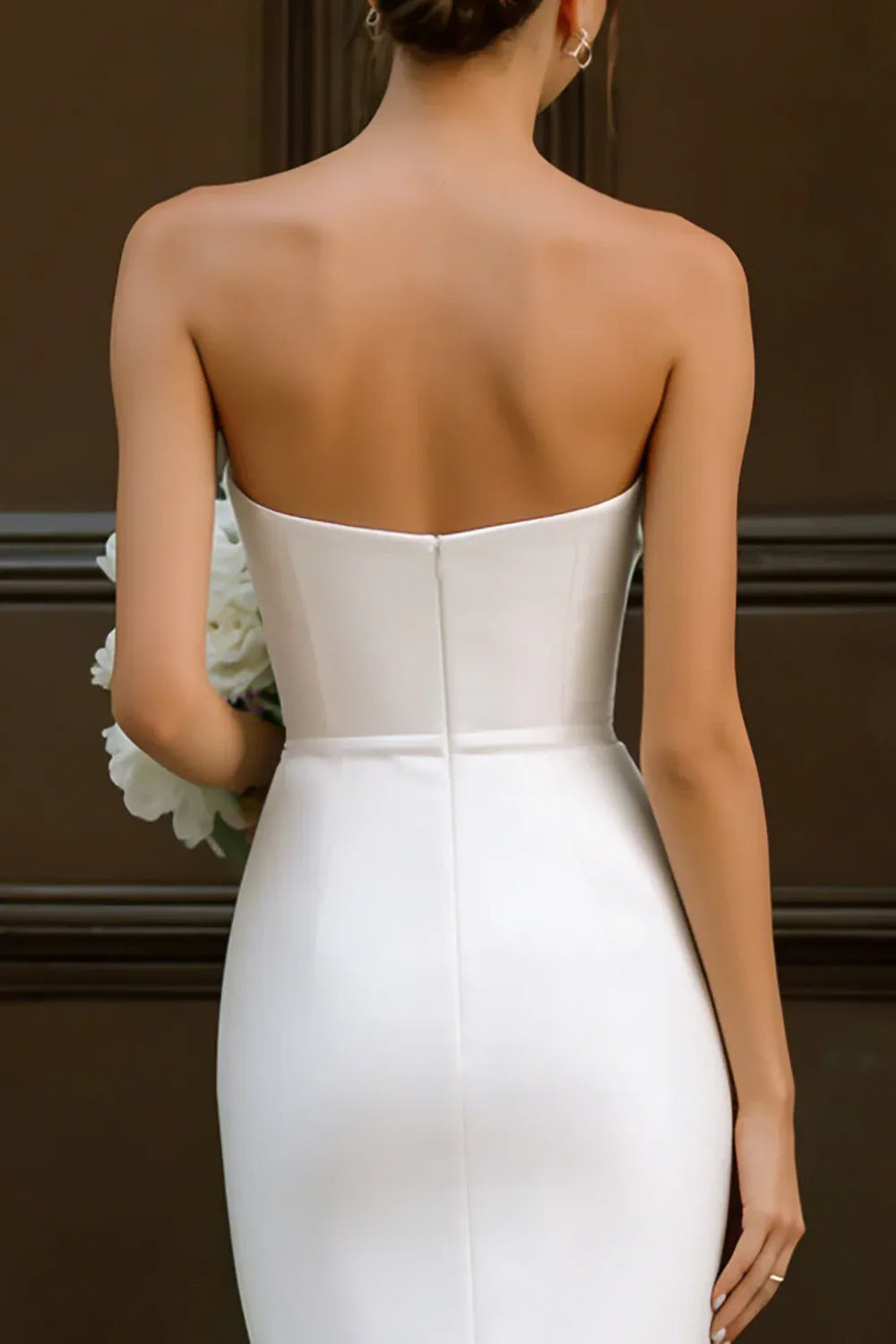 Strapless Bow Detail Crepe Midi Wedding Dress