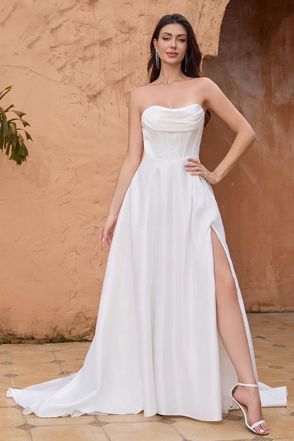 Strapless Corset A-Line Satin Wedding Dress with Slit and Train