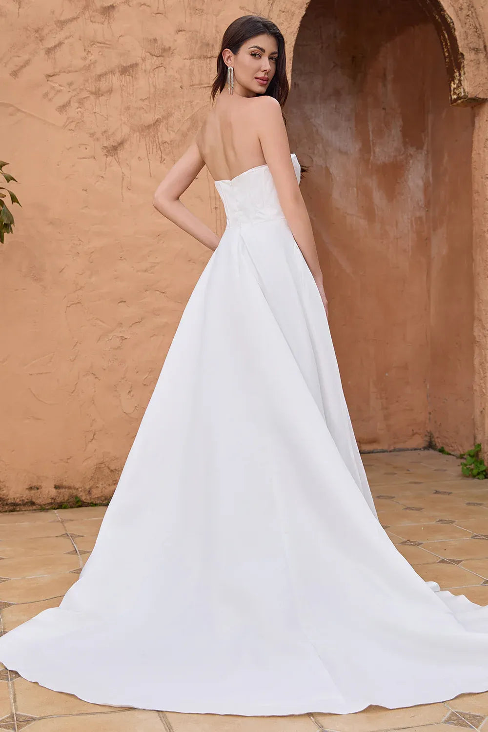 Strapless Corset A-Line Satin Wedding Dress with Slit and Train