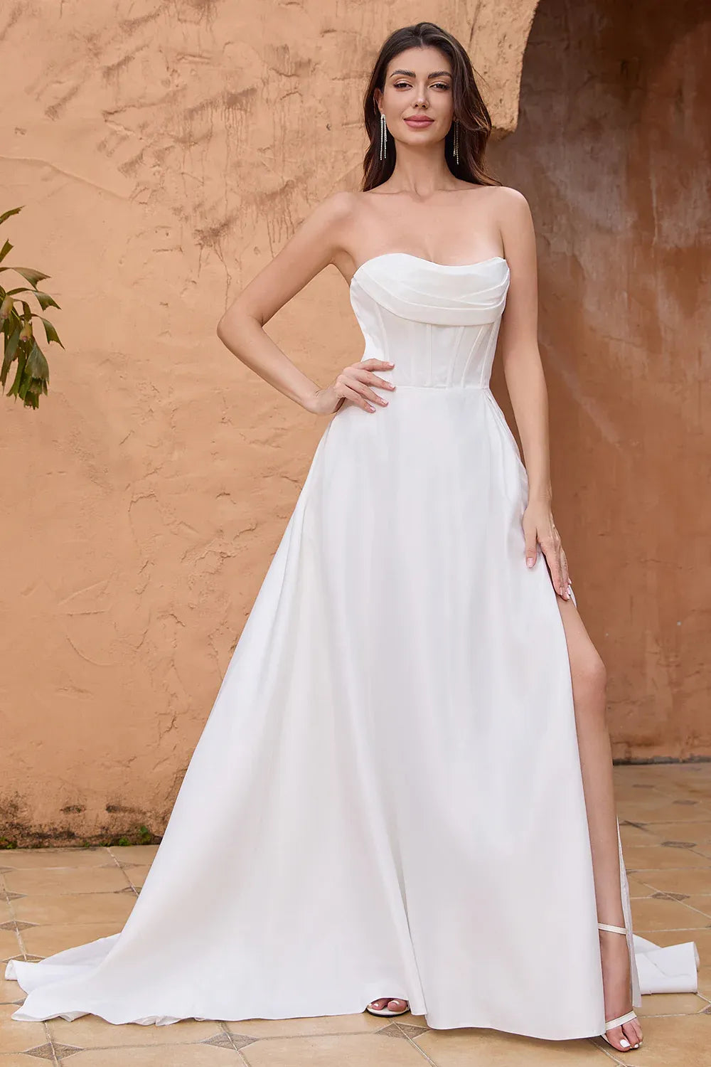 Strapless Corset A-Line Satin Wedding Dress with Slit and Train