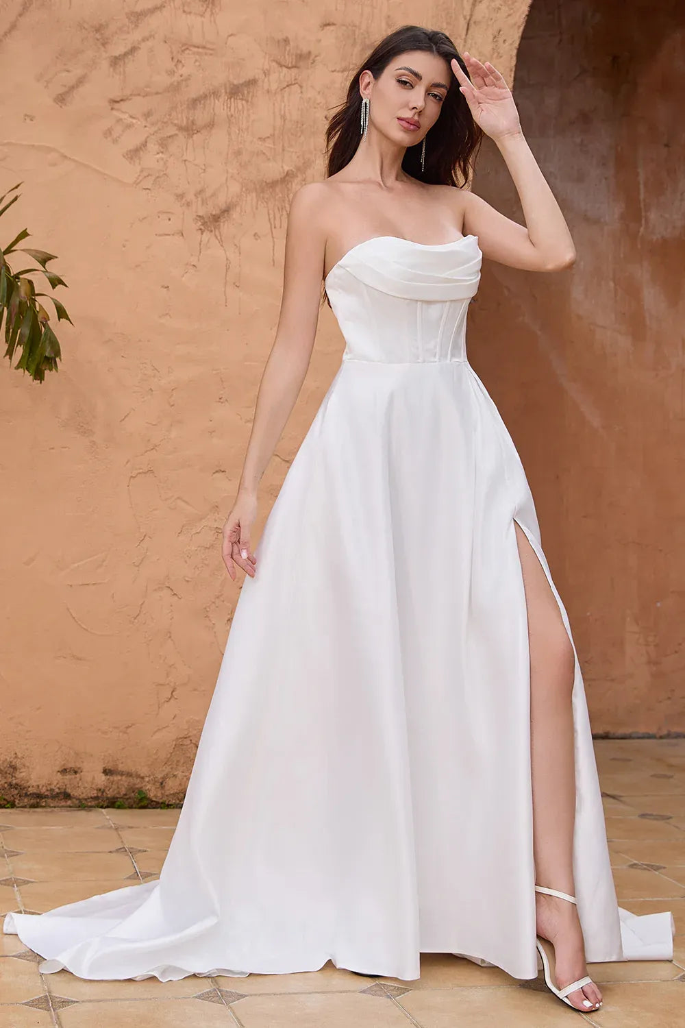 Strapless Corset A-Line Satin Wedding Dress with Slit and Train