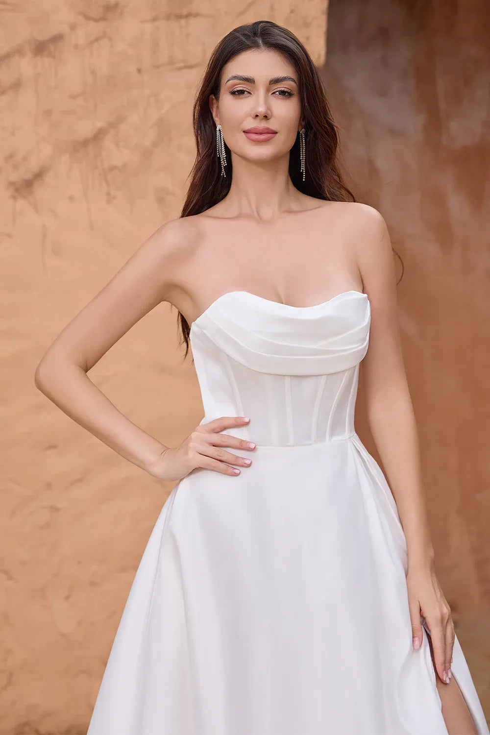 Strapless Corset A-Line Satin Wedding Dress with Slit and Train