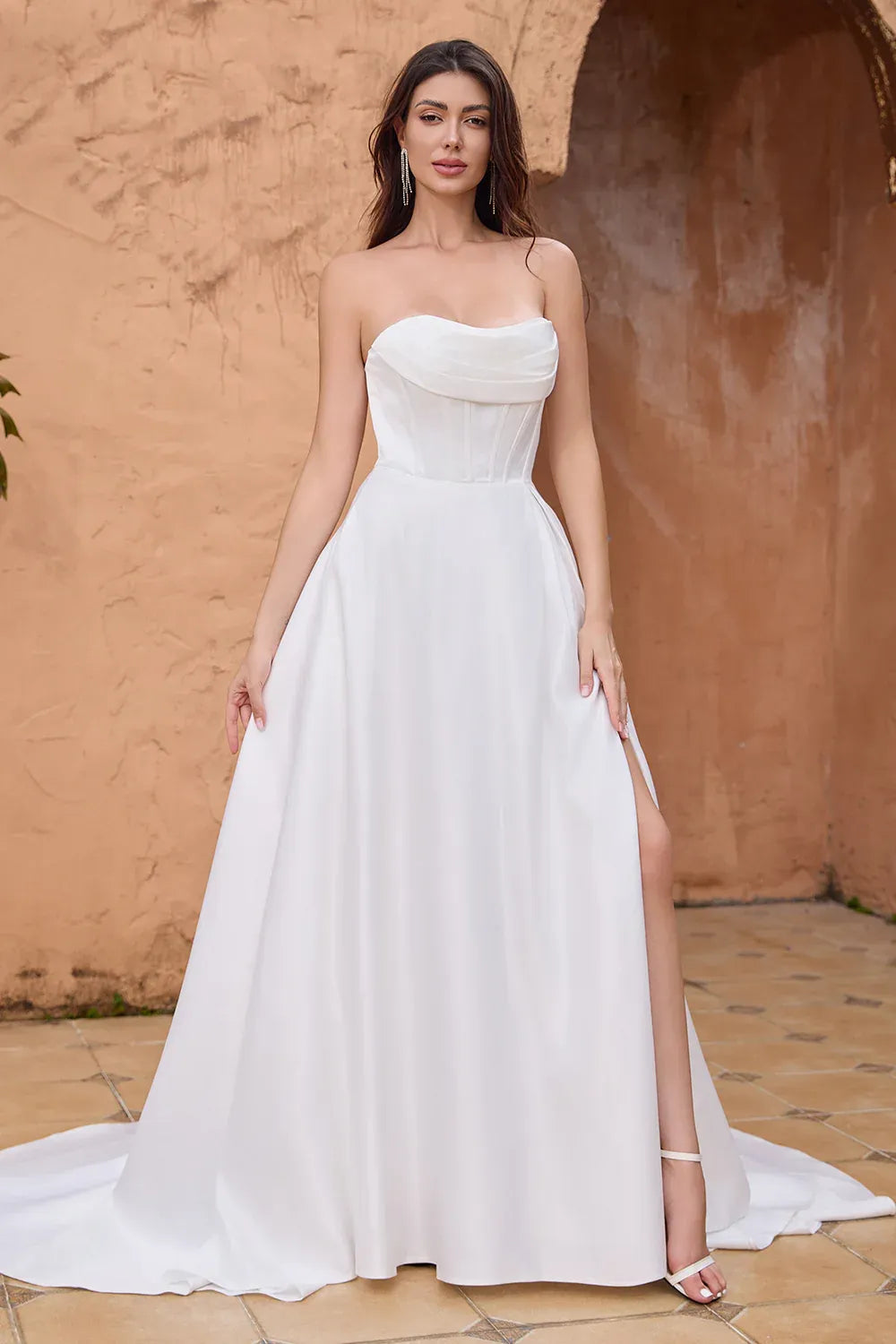 Strapless Corset A-Line Satin Wedding Dress with Slit and Train