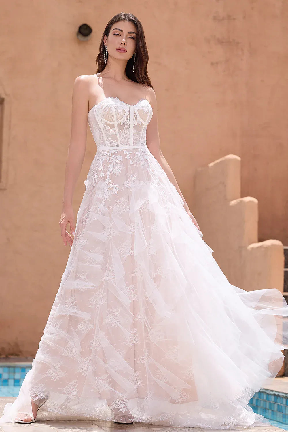 Strapless Corset Floral Lace A-Line Wedding Dress with Ruffled Tulle Skirt
