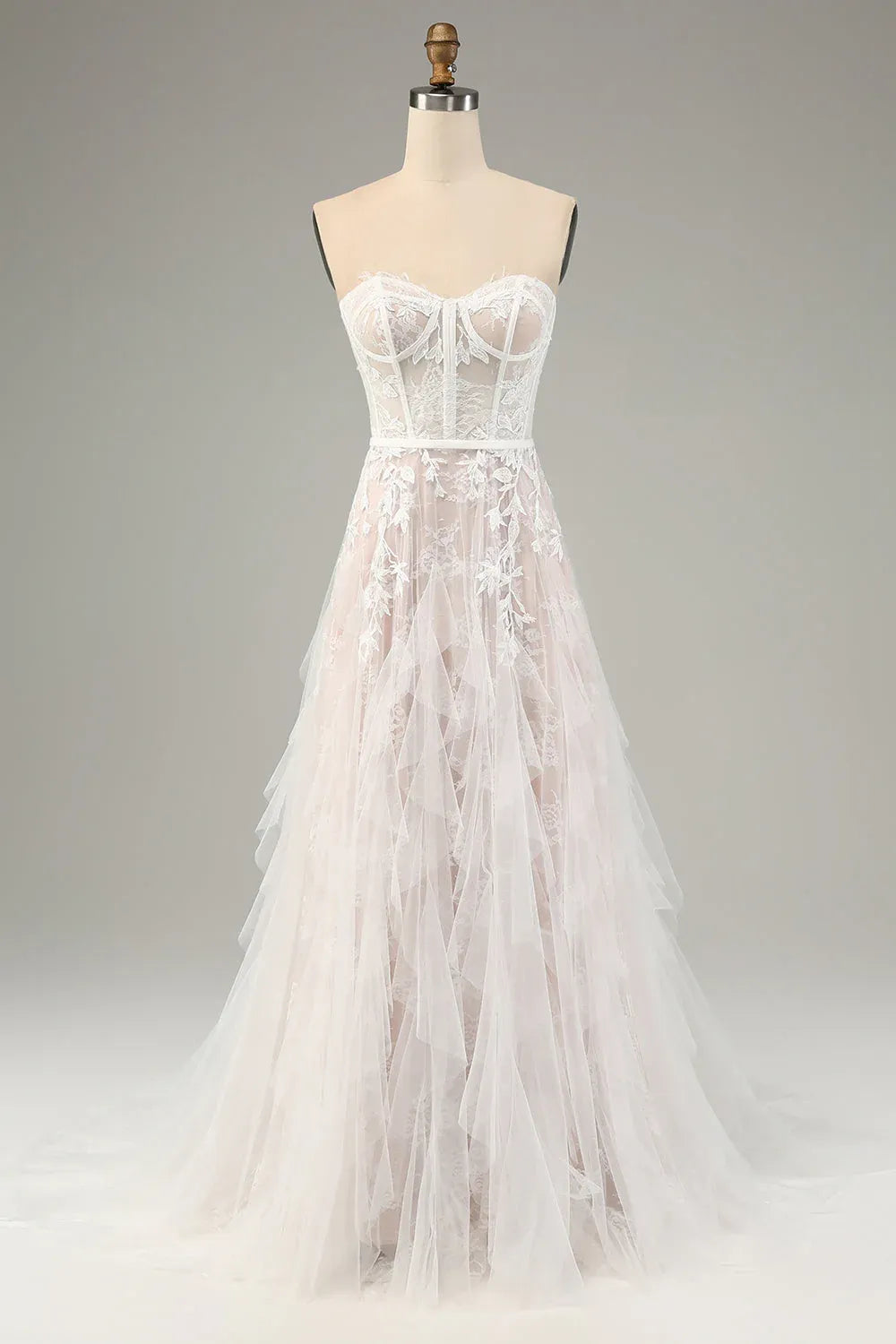 Strapless Corset Floral Lace A-Line Wedding Dress with Ruffled Tulle Skirt