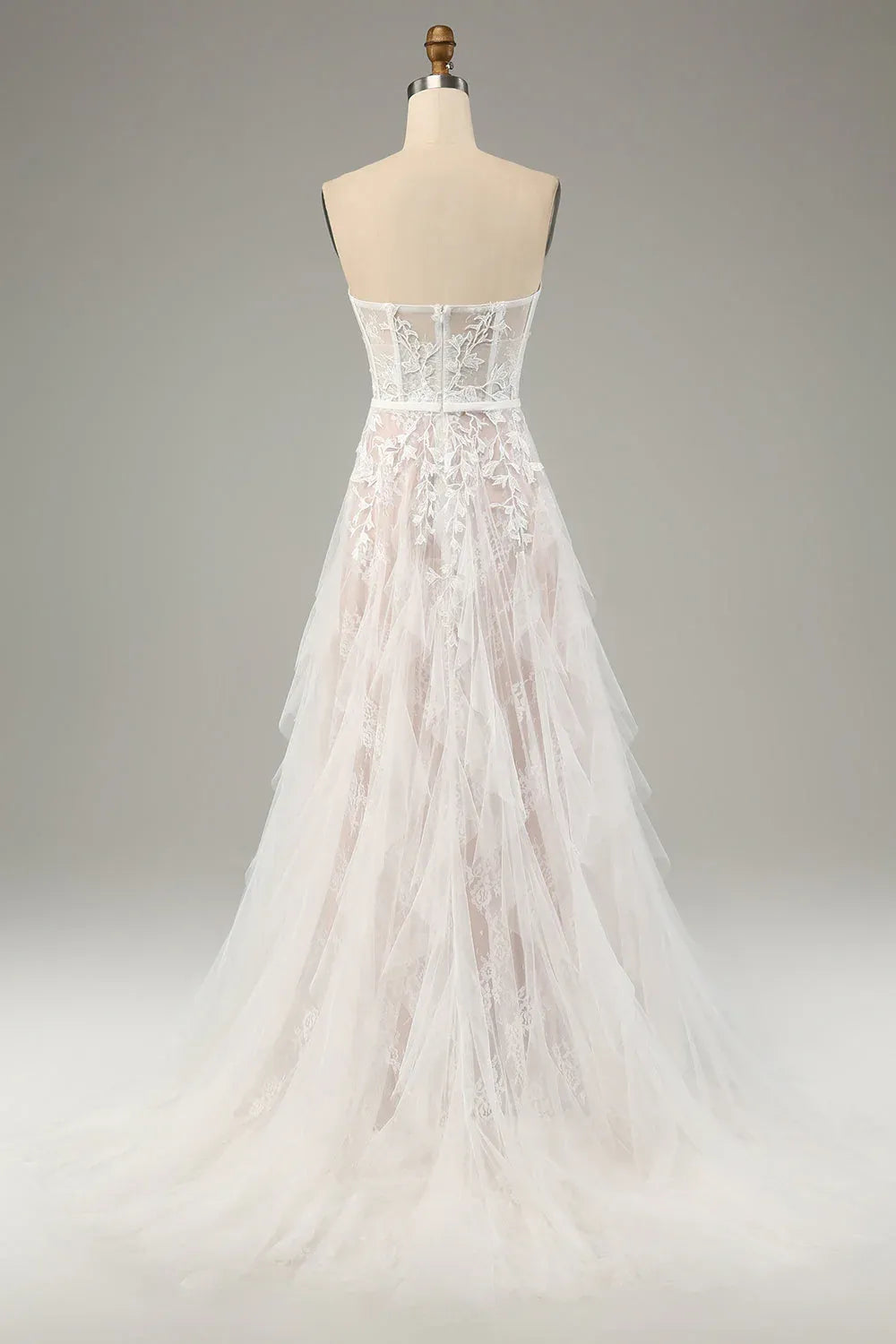 Strapless Corset Floral Lace A-Line Wedding Dress with Ruffled Tulle Skirt