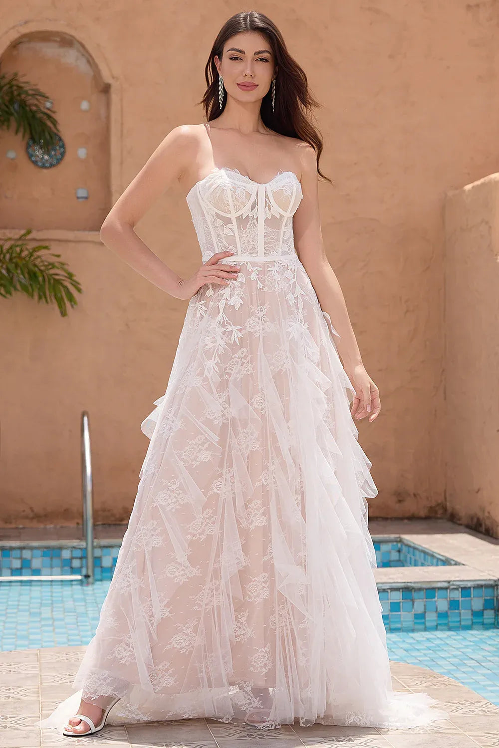 Strapless Corset Floral Lace A-Line Wedding Dress with Ruffled Tulle Skirt