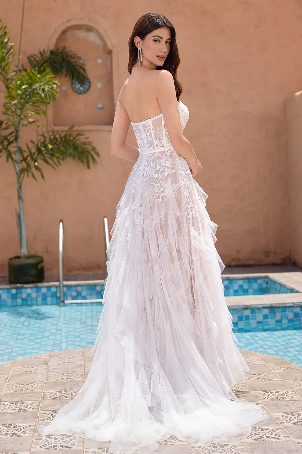 Strapless Corset Floral Lace A-Line Wedding Dress with Ruffled Tulle Skirt