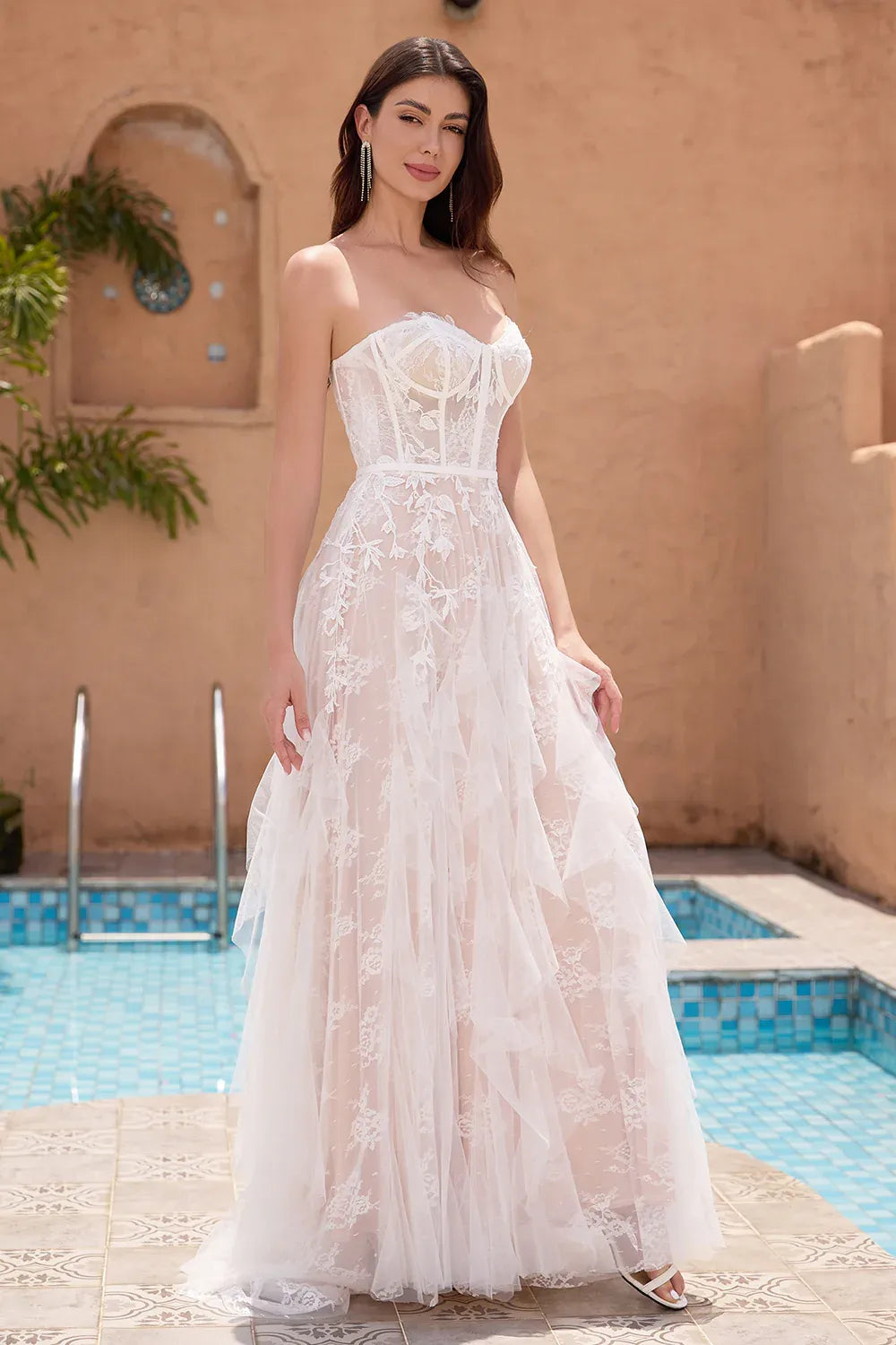 Strapless Corset Floral Lace A-Line Wedding Dress with Ruffled Tulle Skirt