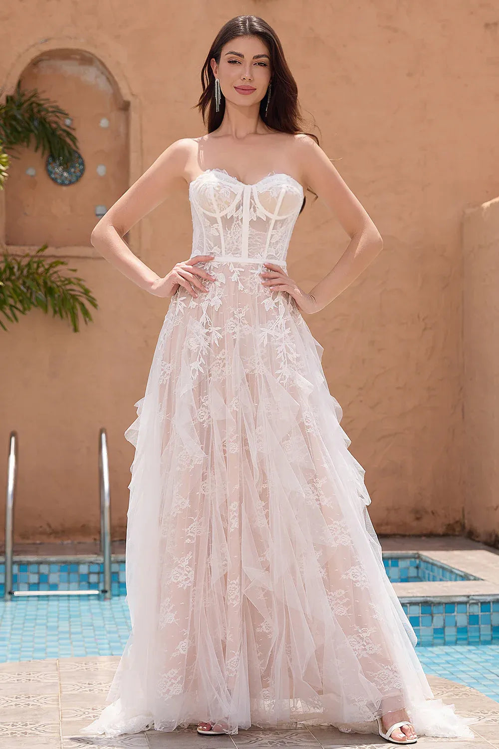 Strapless Corset Floral Lace A-Line Wedding Dress with Ruffled Tulle Skirt