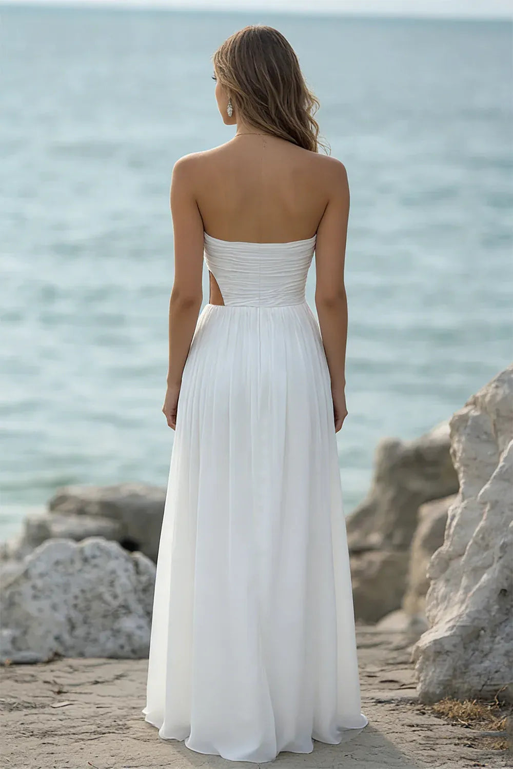 Strapless Draped Chiffon Wedding Dress with Waist Cutout & Slit - Beach Bridal Gown