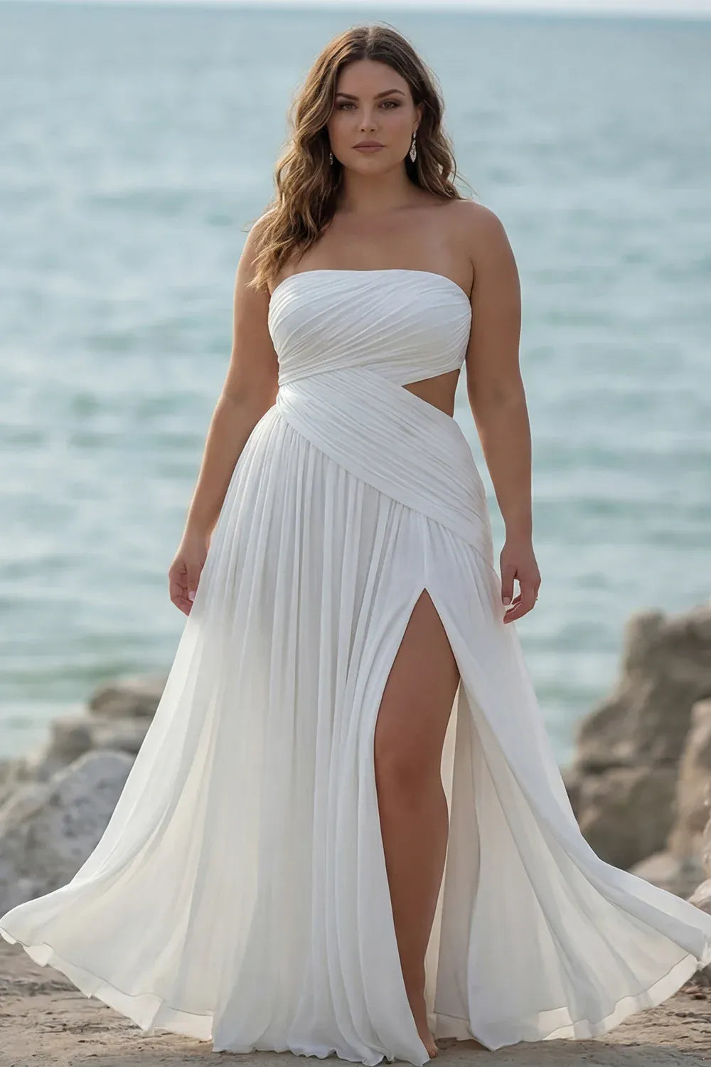Strapless Draped Chiffon Wedding Dress with Waist Cutout & Slit - Beach Bridal Gown