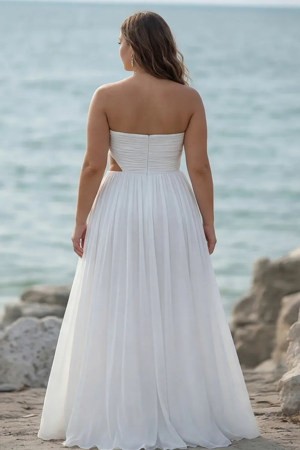 Strapless Draped Chiffon Wedding Dress with Waist Cutout & Slit - Beach Bridal Gown