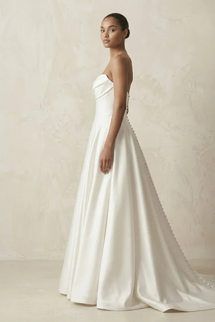 Strapless Draped Satin A-Line Wedding Dress Luxurious satin fabric construction with Pockets