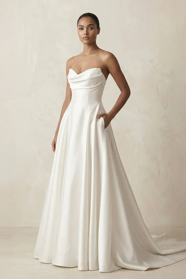 Strapless Draped Satin A-Line Wedding Dress Luxurious satin fabric construction with Pockets