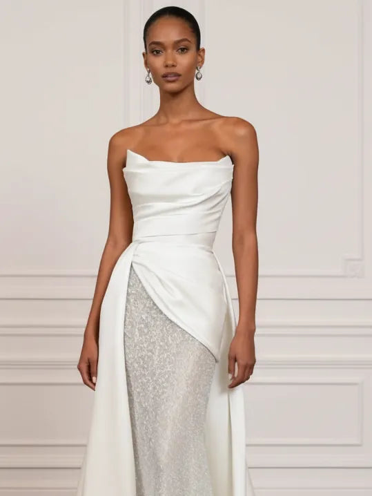 Strapless Draped Satin Mermaid Wedding Dress with Beaded Lining & Corset Back - Modern Bridal Gown