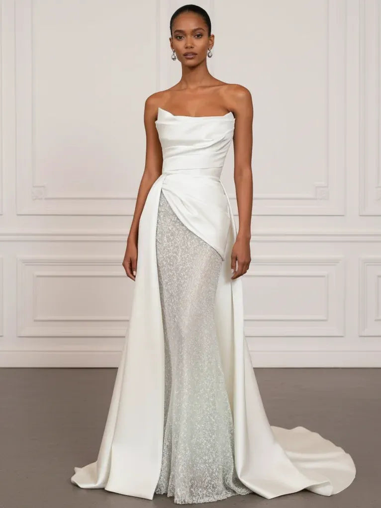 Strapless Draped Satin Mermaid Wedding Dress with Beaded Lining & Corset Back - Modern Bridal Gown